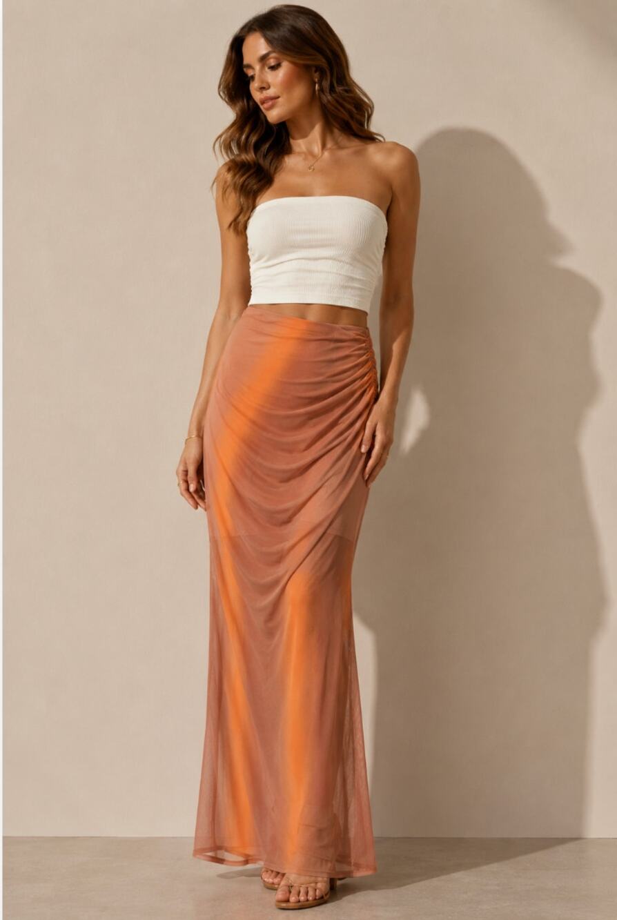 NWT AFRM Anika Orange Linear Ruched Sheer Mesh Maxi Skirt XL Cruise Vacation